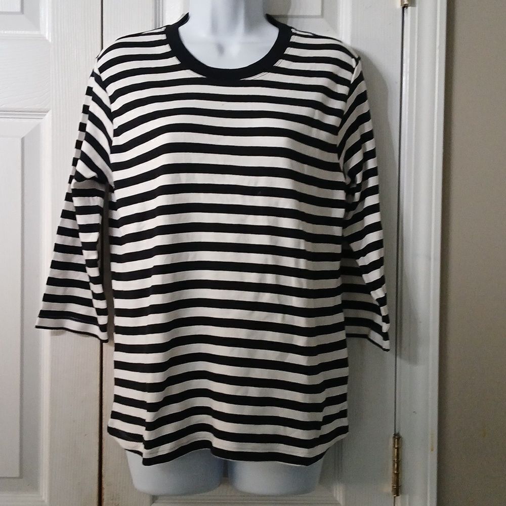 Madison black and white striped pima cotton 3/4th length sleeve top Sz L NWOT
